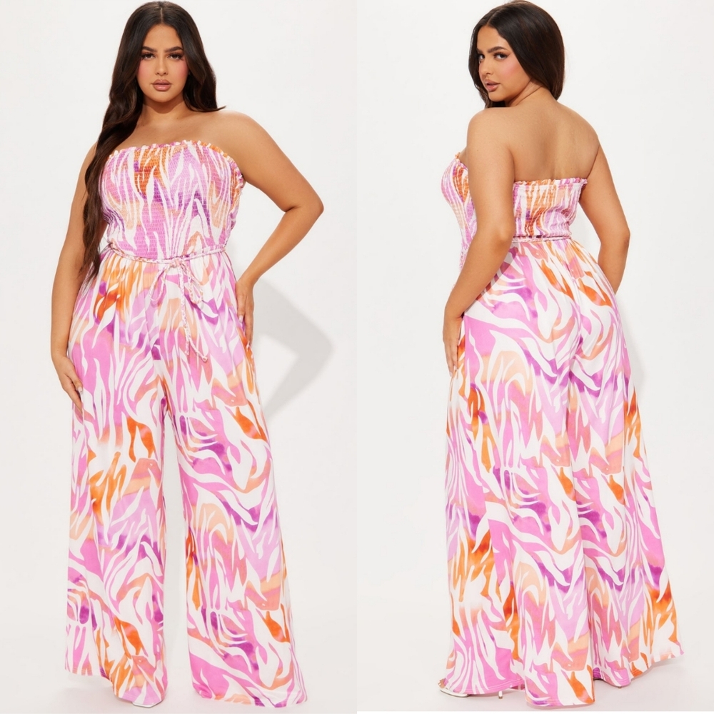 Strapless Pink & Orange Printed Wide-Leg Jumpsuit